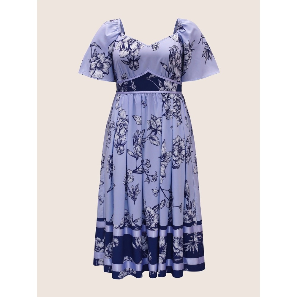 Bloomchic Boho Print Heart Neckline Ruffle Sleeve Maxi Dress - Medium Blue‎ 10/M